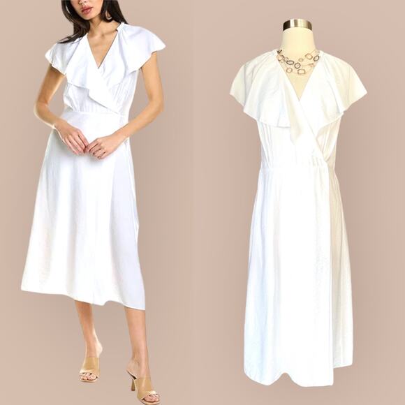 VINCE White Wrap Dress Flutter Sleeve V-Neck Ruffle Cape Midi Designer XS NWOT